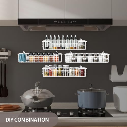 Spice Rack, 4-Pack Seasoning Organizer Wall Mount for Kitchen Storage Organization, Spice Holder Metal Shelf Saving Space for Cabinet, RV, Pantry, White (White-4 Pack)