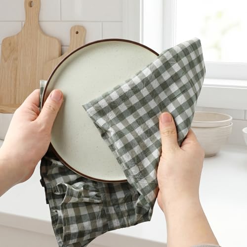 2 Pcs Sage Green Gingham Kitchen Towels Cotton Ruffled (Sage Green / Gingham)