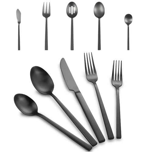 Black Silverware Set with Cuboid Handle 45 (Matte Black / 45 Pcs)