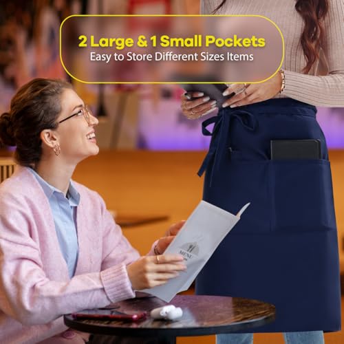 Long Server Apron Black with 3 Pockets 28" Bistro Aprons Waterproof (1 PACK(34x28 Inches) / Navy Blue)