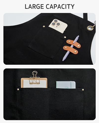 Chef Apron for Men Women Kitchen Cooking Apron with Pockets (Black Canvas)