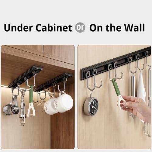2pcs Utensil Racks with 6 Hooks 11 Inch Mug Holder Under Cabinet Kitchen Utensil Holders Multifunctional (BLACK / 11 inch & 6 hooks)