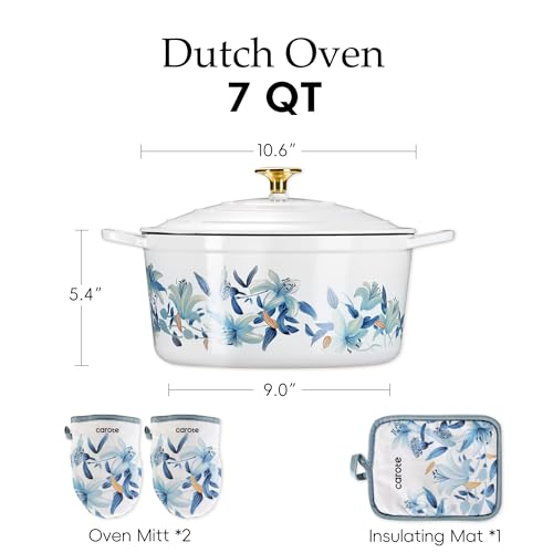 7QT Enameled Cast Iron Dutch Oven Pot with Lid (Blue Floral / 7QT)