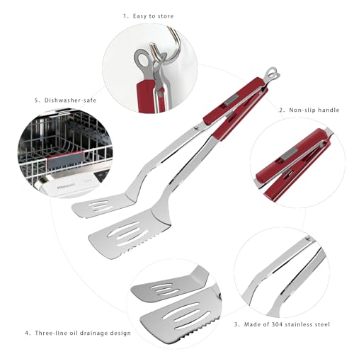 13.5 inch Stainless Steel Tongs for Cooking (13.5 Inch / Red)