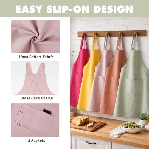 Apron for Women with Pocket Cotton Linen (Pink / Small)