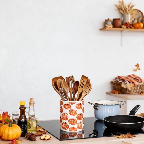 Fall Ceramic Utensil Holder Orange Full Print Pumpkin Kitchen Crock for Autumn Harvest Thanksgiving Countertop Storage Organizer (Orange Pumpkin)