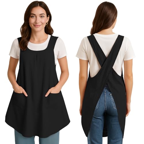 Apron for Women with Pocket Cotton Linen (Black)
