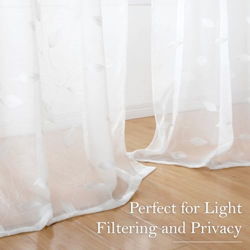 White Sheer Kitchen Curtains 52 x 45 Inch Length 2 Panels Embroidered Leaf Pattern Short Curtains for Bedroom Half Small Window Rod Pocket Tiers (52"W x 45"L (Pack of 2) / 4-white)