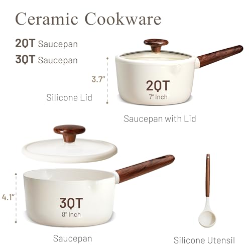 2QT & 3QT Sauce Pan Sets with Lid & Ladle Ceramic Nonstick Pot Set Non Toxic Saucepan Small Kitchen Cooking Pots (White)