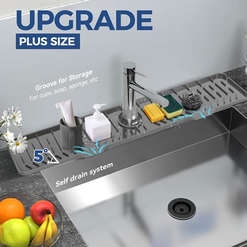24" Splash Guard Plus Size Silicone Sink Faucet Drying Mat Handle Drip Catcher Tray Dish Sponge Holder Kitchen Accessories Protector Home Organization Gadgets Organizer (Grey(1Pack): 23.4"x5.7")
