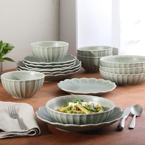 Malibu Shore 16 Piece Scallop Stoneware Reactive Glaze (Green (Malibu Shore) / Service for 4 (16pcs))
