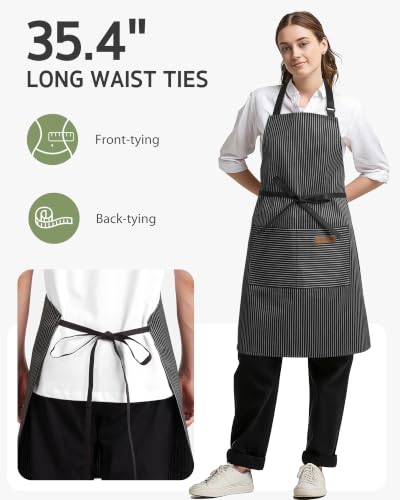 2 Pack Kitchen Apron with 2 Pockets for Women (Stripe Black Blue Pin / 2 Polycotton)
