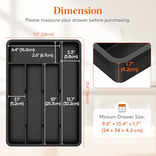 Silverware Drawer Organizer Tray (Black / 9.5 x 13.4 inch (5 Slots))