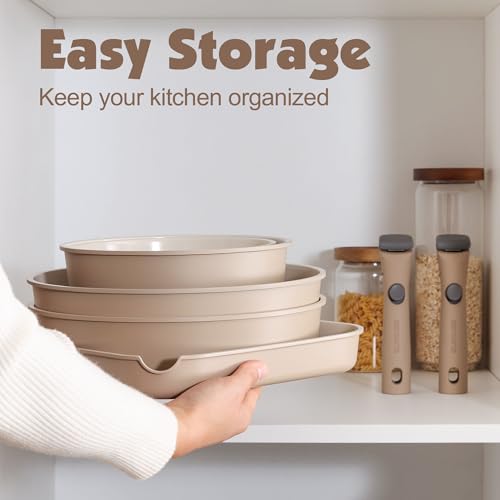 17 Piece Ceramic Detachable Handle Pots and Pans Set Almond Beige (Almond Beige / 17 Piece)