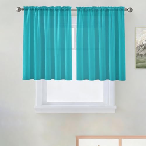 Basic Rod Pocket Sheer Voile Window Curtain Panels Peacock Blue 1 Pair 2 Panels 52 Width 36 Inch Long for Kitchen Bedroom Children Living Room Yard（Peacock Blue (Peacock Blue / 52"W x 36"L (Pack of 2))