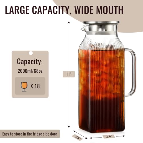 2 Liter 68 oz Square Glass Pitcher with Lid (Silver)