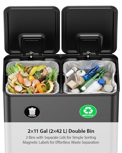 Dual Trash and Recycling Bins for Kitchen (Black / 2 x 11 Gallon)