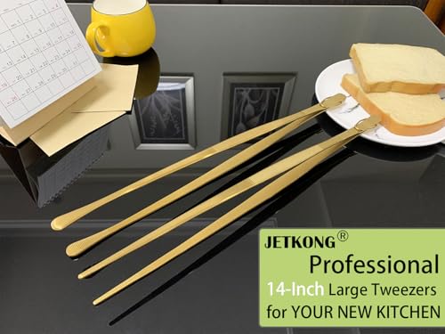 2 Pcs 14 Inch Cooking Tweezers Extra Long Stainless Steel Food Tweezers Kitchen Tweezer Tongs (14+14 Inch / Gold)