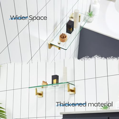 Wall Shelves Floating Shelf 16'' Stainless Steel Bathroom Hardware Tempered Glass Small Hanging Rack for Storage (Brushed Gold / 16-Inch)