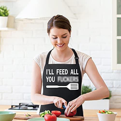 100% Cotton Funny Apron I'll Feed All You with 2 Pockets Kitchen Cooking Adjustable Chef Aprons Gifts for Men Women Friends Brothers Father's Day Mother's Day (I'll Feed All You)