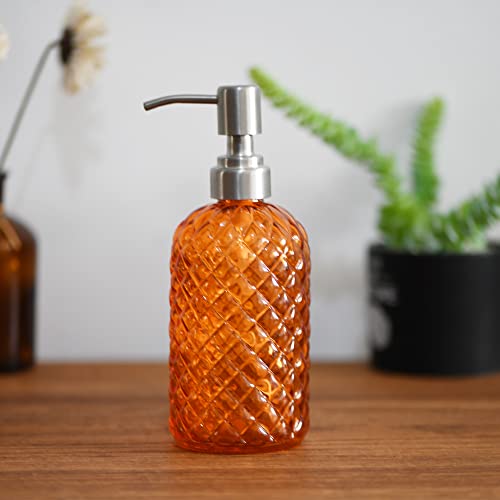 16oz Diamond Pattern Glass Soap Dispenser with Rust Resistant Pump (Orange-2pack)