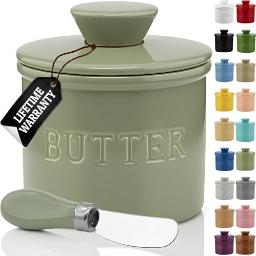 Butter Crock with Lid for Countertop with Spreader Knife and Water Line (Sage / Regular)