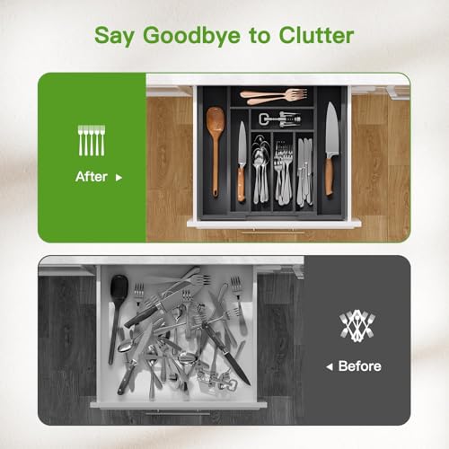 Bamboo Expandable Silverware Drawer Organizer (Black / Medium)