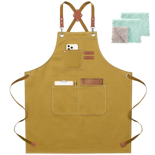 Chef Apron for Women Men with Large Pockets (Brown)