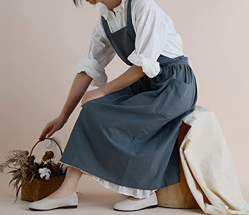 Women Cotton Linen Cross Back Apron for Gardening Works Pinafore Dress with Pockets Navy (Navy)
