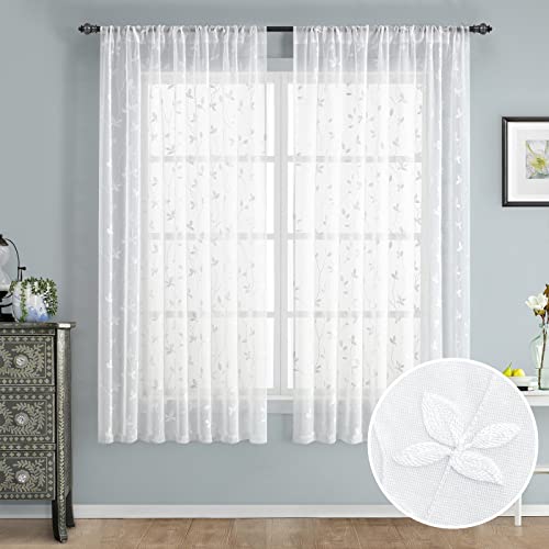 White Sheer Curtains Vine Embroidered (52"W x 63"L (Pack of 2) / Vine White)