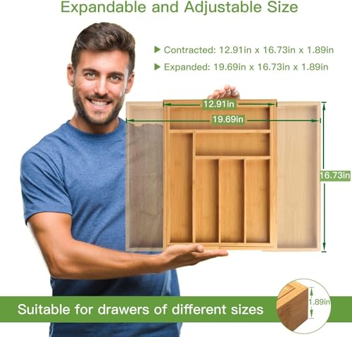 Bamboo Expandable Silverware Drawer Organizer (Natural / Large)