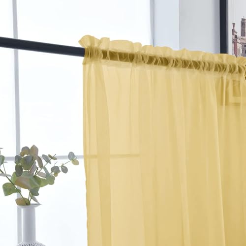Basic Rod Pocket Sheer Voile Window Curtain Panels Gold 1 Pair 2 Panels 52 Width 63 Inch Long for Kitchen Bedroom Children Living Room Yard（Gold (Gold / 52"W x 63"L (Pack of 2))