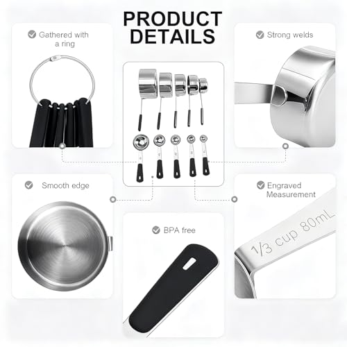 10 Pcs Stainless Steel Measuring Cups & Spoons Set (Black)