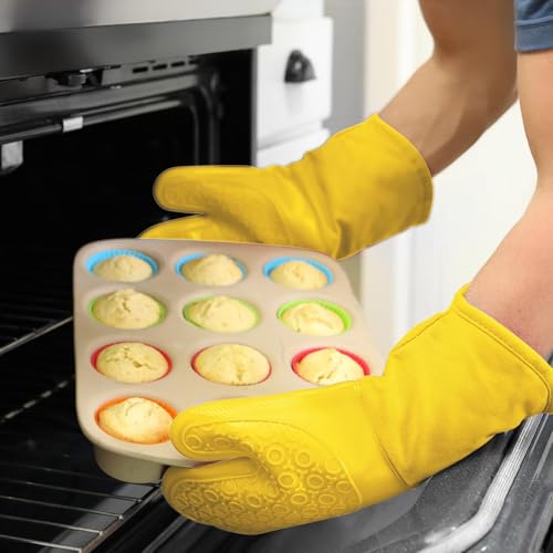 BPA Free Soft Silicone Oven Mitts (Yellow / 2-Piece 13.7" Oven Mitts)