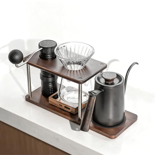 Pour Over Coffee Station Solid Sapele Wood & Stainless Steel Dual Dripper Stand Coffee Organizer (Dark Wood)