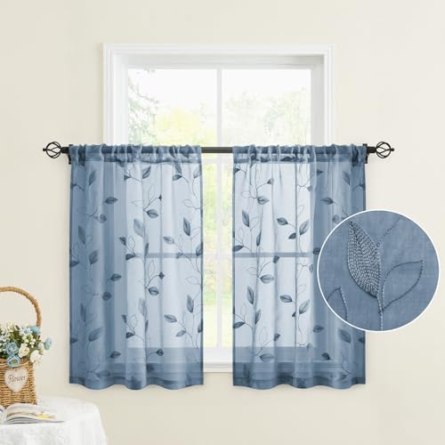 Stone Blue Kitchen Tier Curtains Leaf Embroidered (30"W x 36"L (Pack of 2) / Stone Blue)