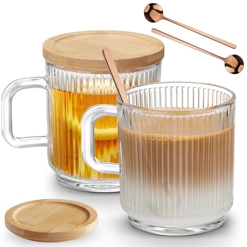 2 PACK Glass Coffee Mugs with Handle & Spoon (2 PACK)