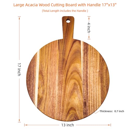 Large Acacia Wood Cutting Board with Handle 17''X13'' (BigRound-17x13)