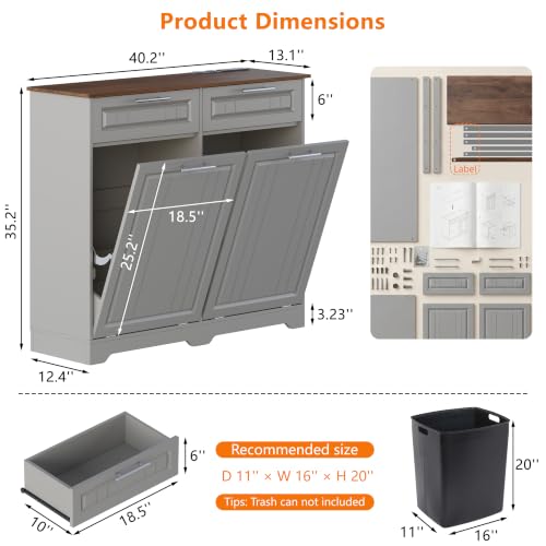Double 10 Gallon Tilt Out Trash Can Cabinet with Deodorizing Function (Grey / 13.11"D x 40.16"W x 35.2"H(Double))