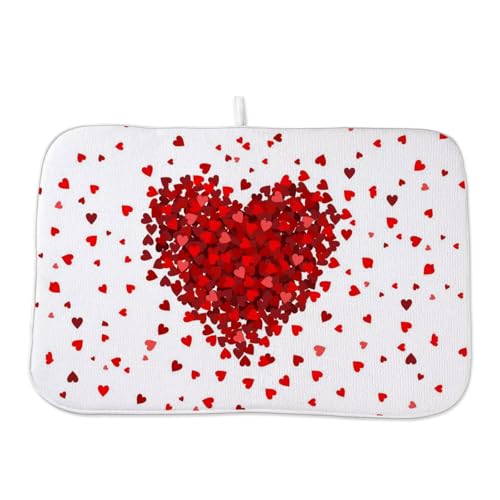 Valentines Day Dish Drying Mat 18 x 24 inch Red Hearts Decorative Drying Mats Microfiber Absorbent Love Heart Dish Washable Draining Mat for Kitchen Counter Decor (18x24 Inch / Red Hearts)