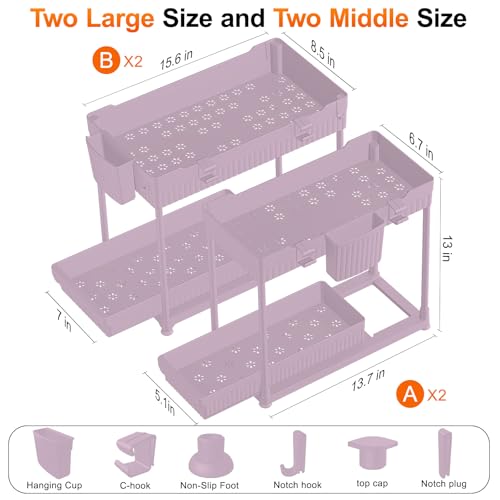 4-Pack 2-Tier Under Sink Organizer with Pull Out Drawers (Pink / 12.8 Inch)