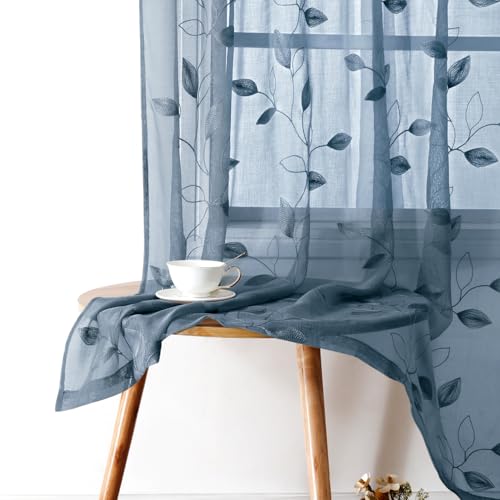 Stone Blue Sheer Curtains Floral Embroidered (52"W x 63"L (Pack of 2) / Stone Blue)