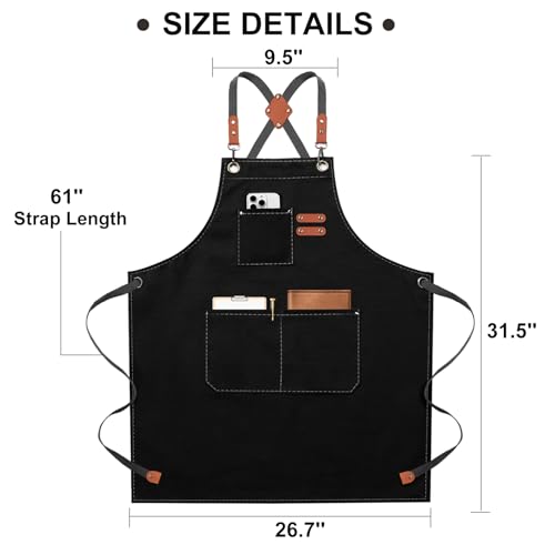 Chef Apron for Women Men with Large Pockets (Black)
