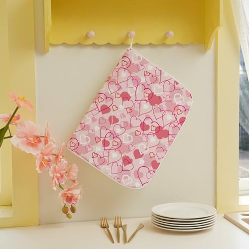 Valentines Day Dish Drying Mat 18 x 24 inch Pink Love Hearts Decorative Drying Mats Microfiber Absorbent Romantic Dish Washable Draining Mat for Kitchen Counter Decor (18x24 Inch / Pink Love Hearts)