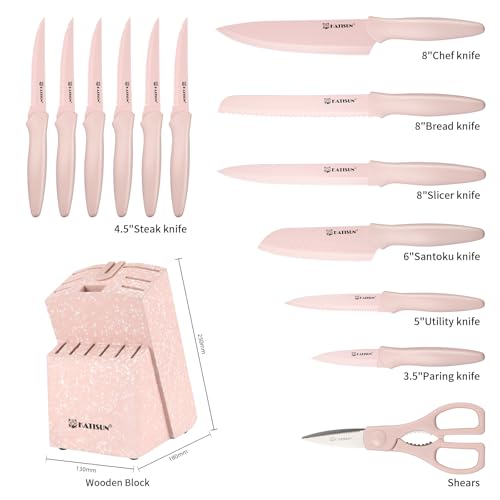 15 Piece Pink Nonstick German Steel Knife Set with Block (Pink / 15 Pieces)