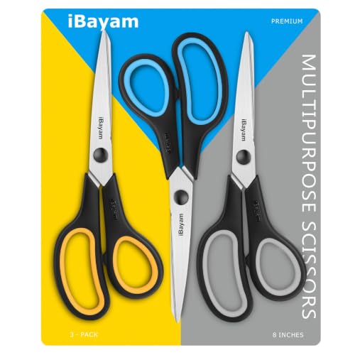 8.5" Heavy Duty Black Scissors for Office School Classroom Home Use (Yellow, Grey, Blue / 3-Pack)