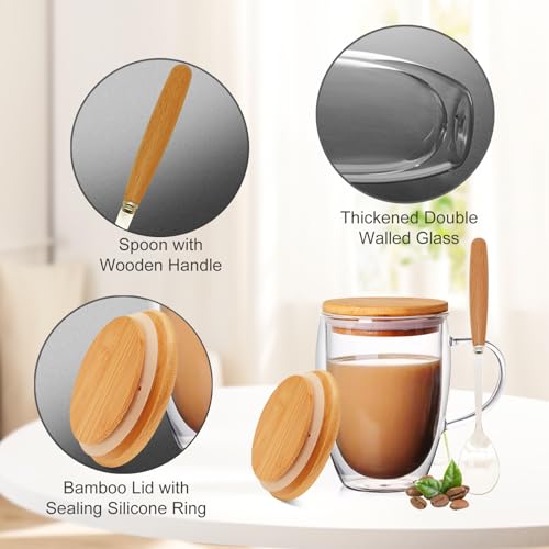 4 Pack 12oz Double Walled Glass Coffee Mugs with Bamboo Lid