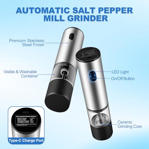 Electric Salt and Pepper Grinder Set Rechargeable (Silver)