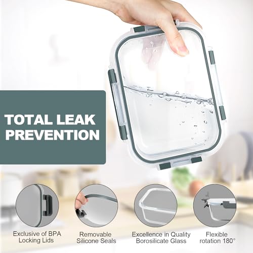 10 PACK Glass Meal Prep Containers Set with Lids (Grey)