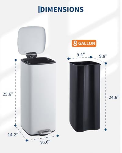 8 Gallon 30L Round Stainless Steel Kitchen Trash Can with Lid (White)